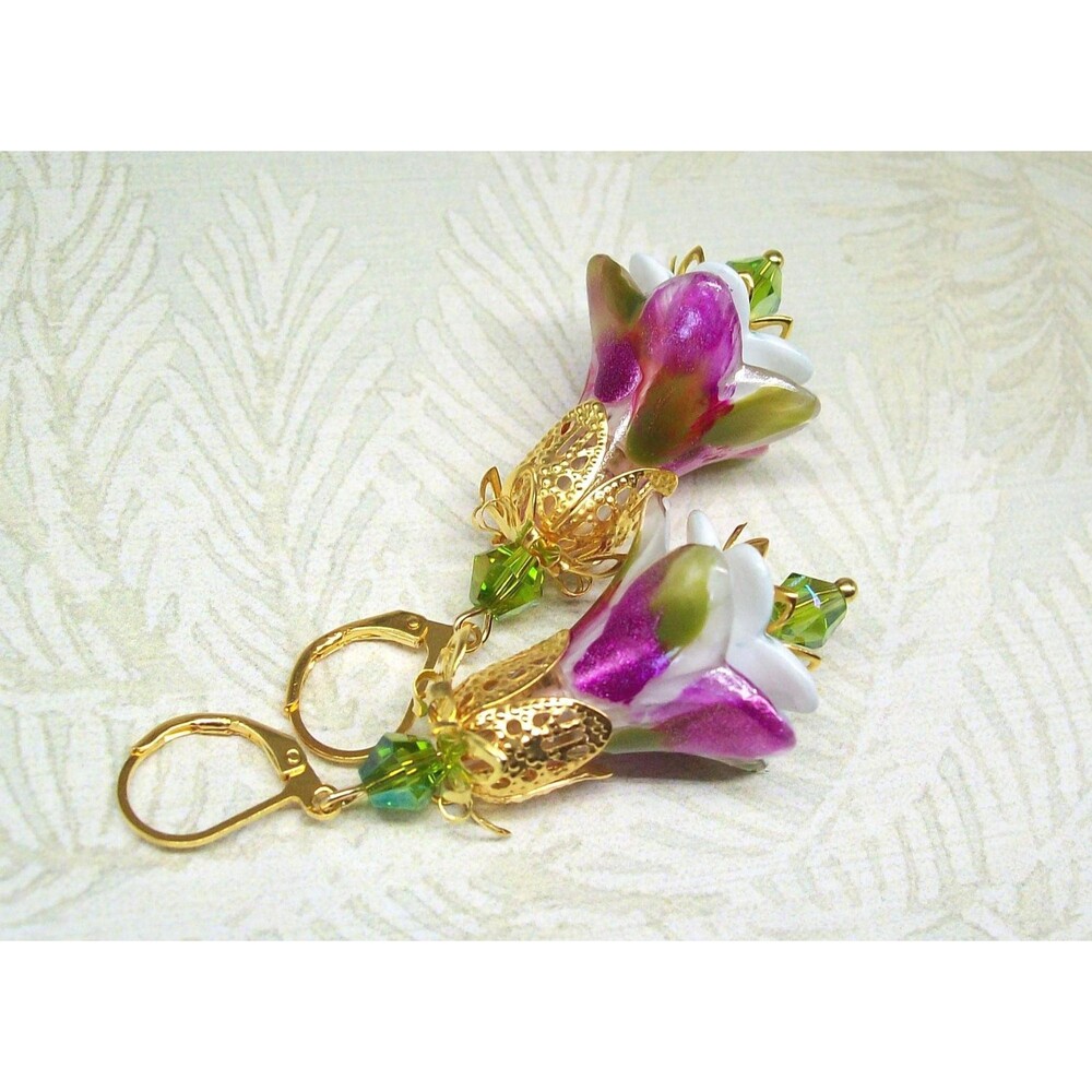 Boho Floral Earrings, Gold, Hand Painted Artisan Crafted Flower Jewelry